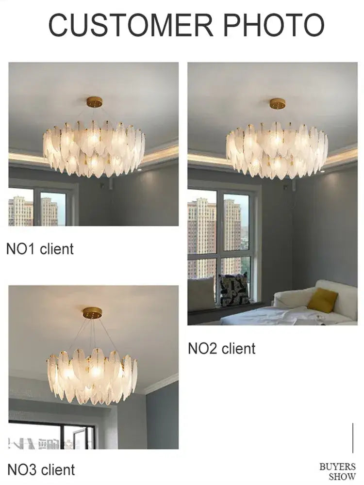 Modern glass feather chandelier living room brass pendant light