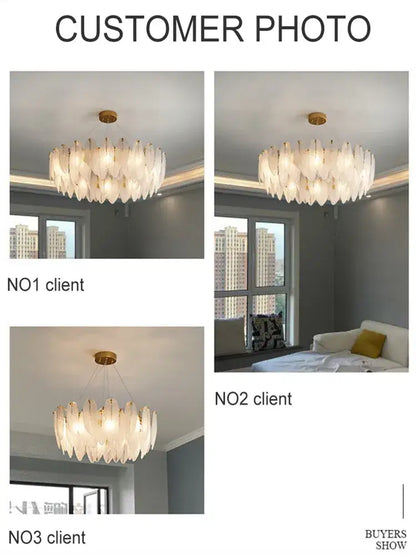 Modern glass feather chandelier living room brass pendant light