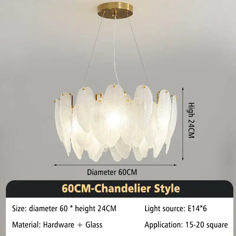 Modern glass feather chandelier living room brass pendant light