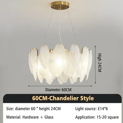 Modern glass feather chandelier living room brass pendant light