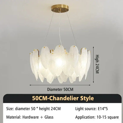 Modern glass feather chandelier living room brass pendant light