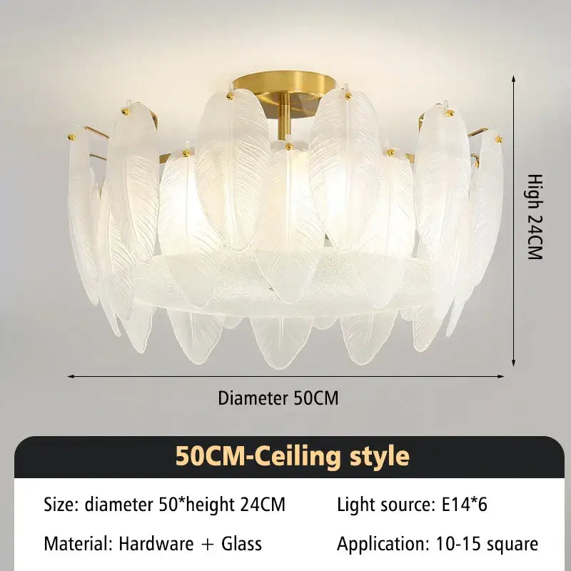 Modern glass feather chandelier living room brass pendant light