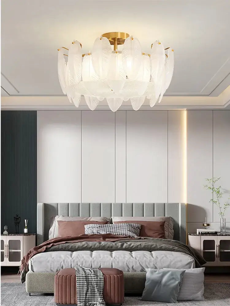 Modern glass feather chandelier living room brass pendant light