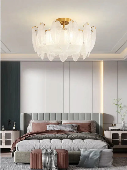 Modern glass feather chandelier living room brass pendant light
