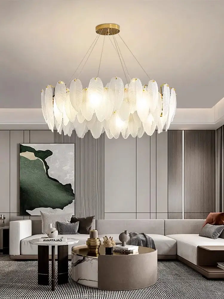 Modern glass feather chandelier living room brass pendant light