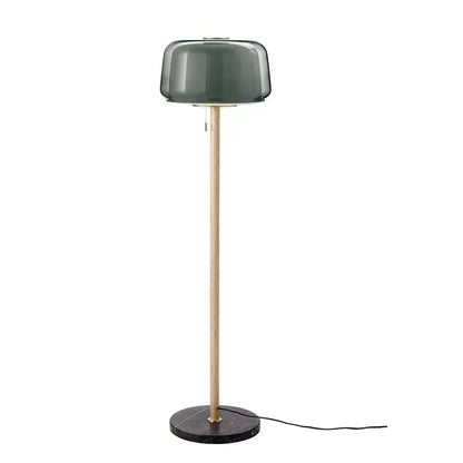 Modern glass floor lamp with wood pole for living room
