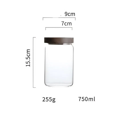 Modern glass hermetic storage jars with dark wood airtight lids kitchen