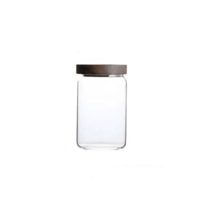 Modern glass hermetic storage jars with dark wood airtight lids kitchen