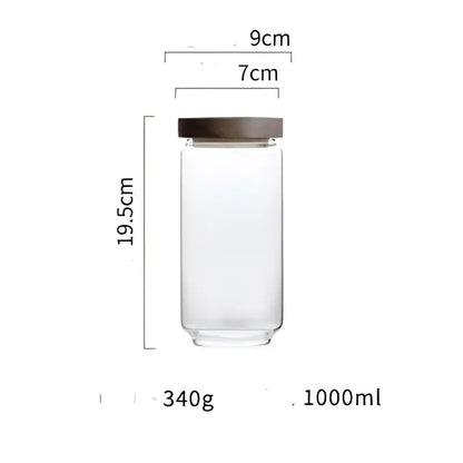 Modern glass hermetic storage jars with dark wood airtight lids kitchen