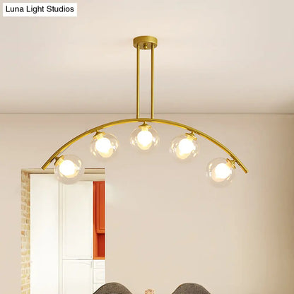 DecorBites™ Modern Glass Orb Island Pendant Light with Brass Arch Arm - 5 Bulbs - White/Clear Design for Dining Room