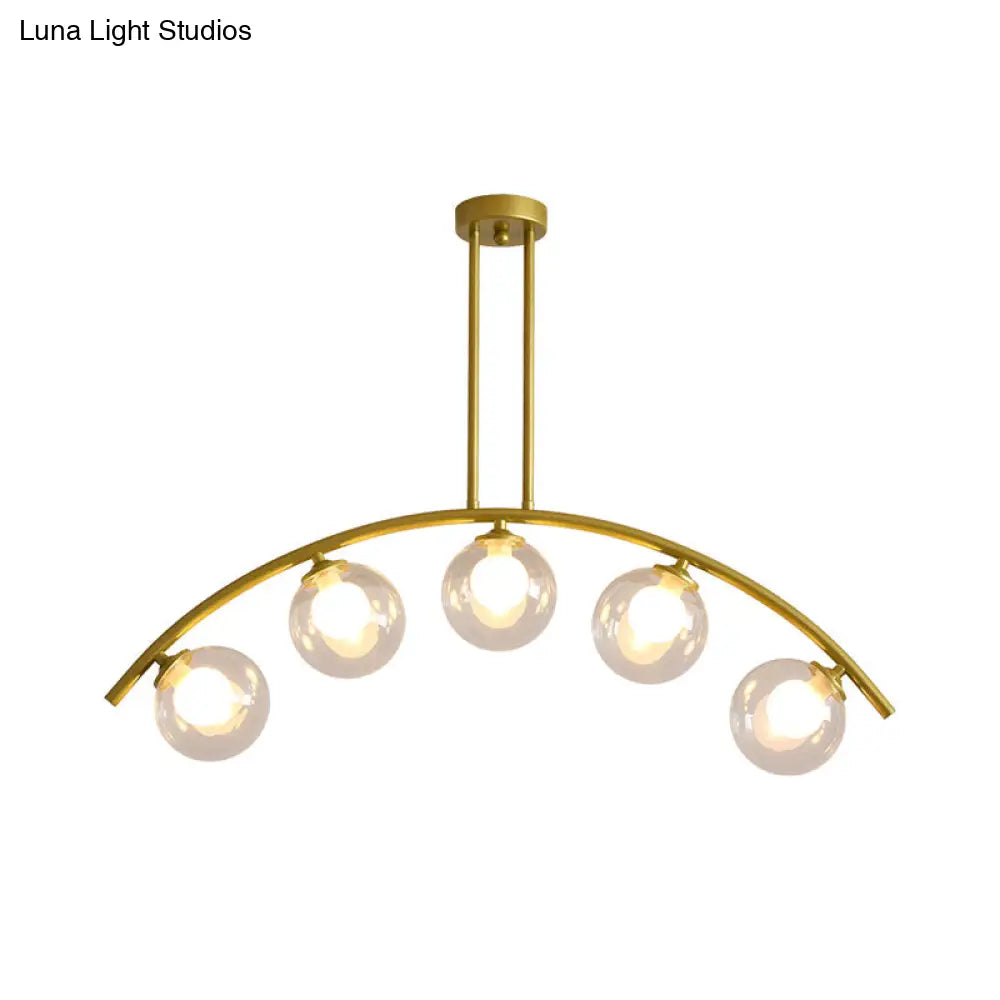 DecorBites™ Modern Glass Orb Island Pendant Light with Brass Arch Arm - 5 Bulbs - White/Clear Design for Dining Room
