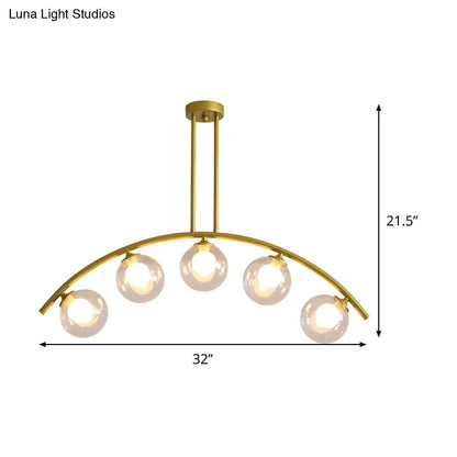 DecorBites™ Modern Glass Orb Island Pendant Light with Brass Arch Arm - 5 Bulbs - White/Clear Design for Dining Room