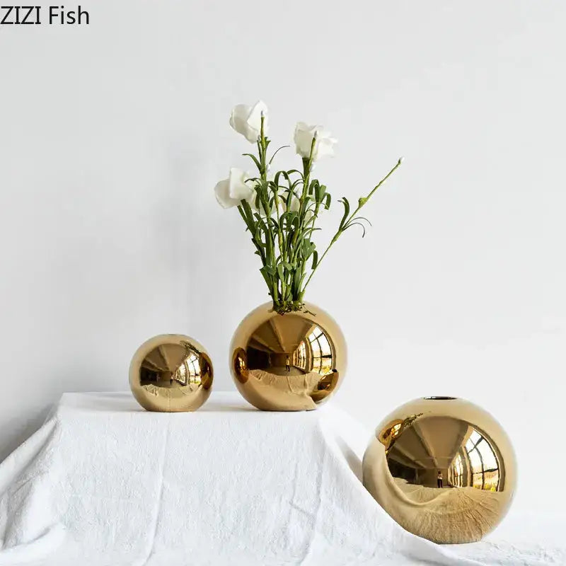 Modern glossy golden ball ceramic vase set living room decor