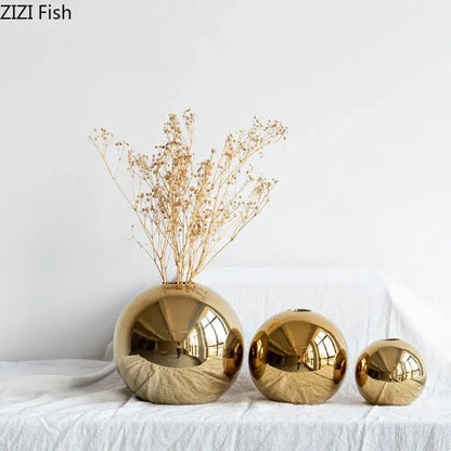 Modern glossy golden ball ceramic vase set living room decor