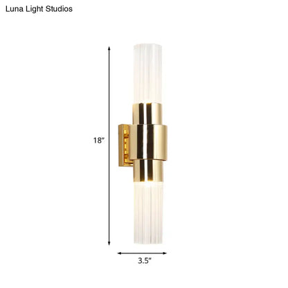 Modern gold 2 light sconce with clear ribbed glass for bathroom