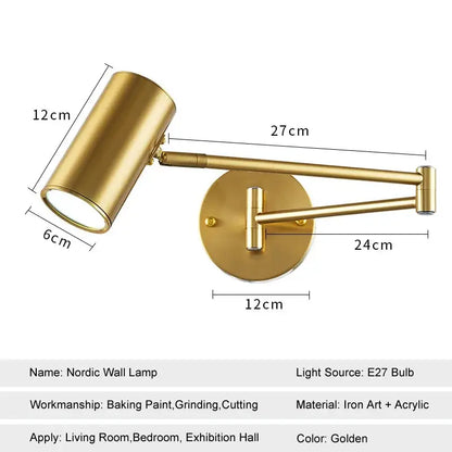 Modern gold adjustable swing arm wall lamp bedroom reading light