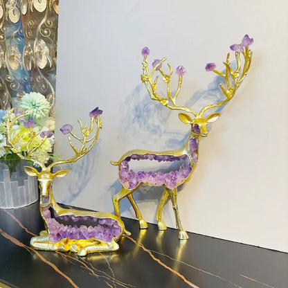 Modern gold amethyst deer statue living room crystal sculpture