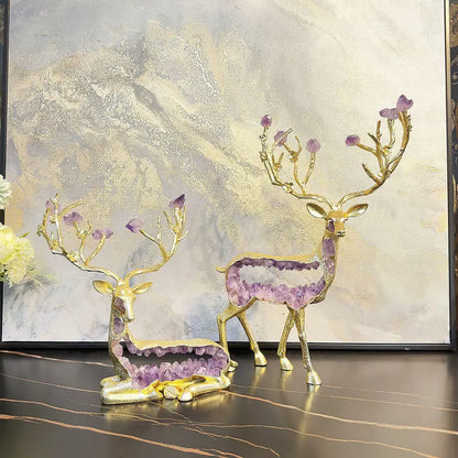 Modern gold amethyst deer statue living room crystal sculpture