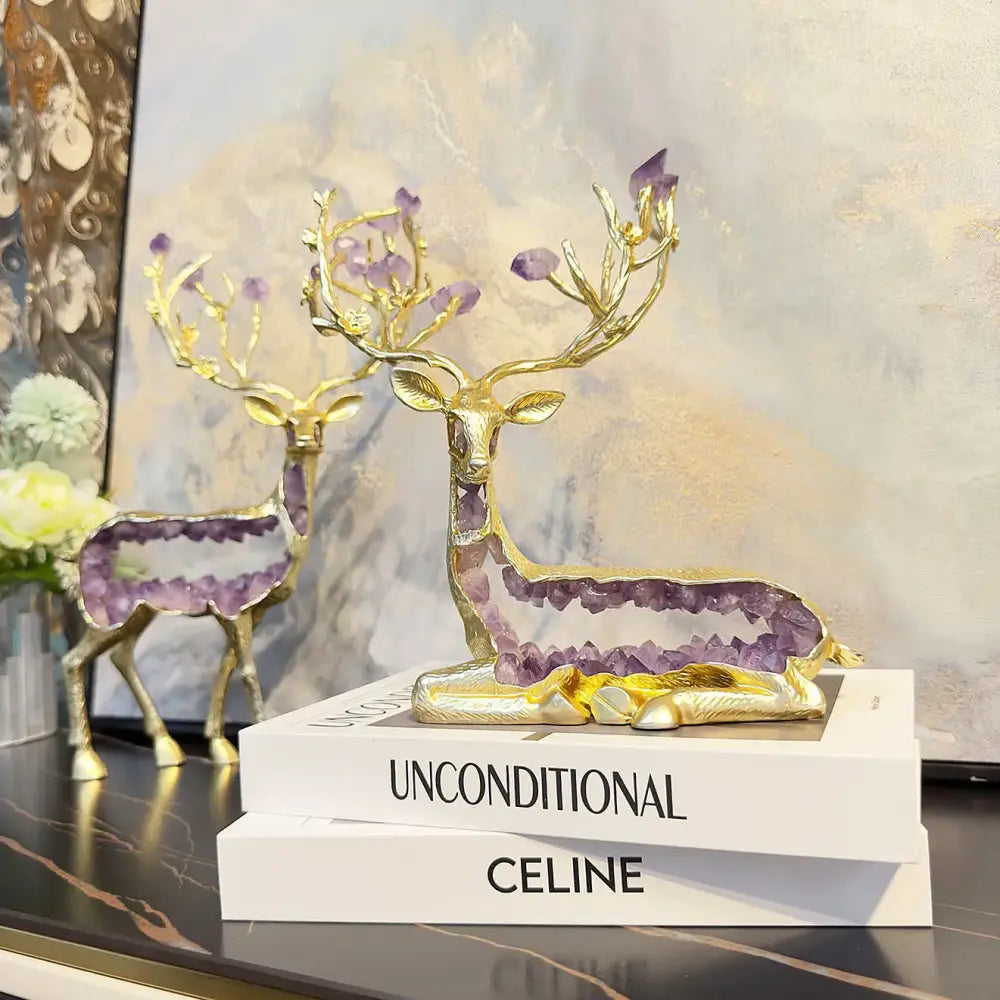Modern gold amethyst deer statue living room crystal sculpture