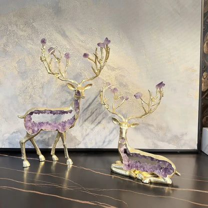 Modern gold amethyst deer statue living room crystal sculpture