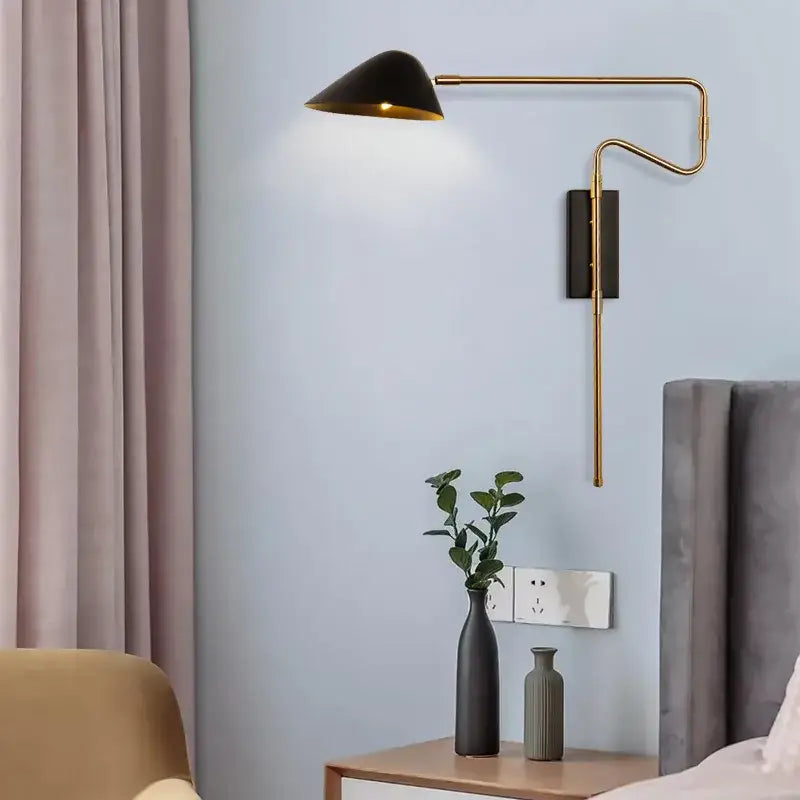 Modern gold and black led wall lamp bedroom adjustable rocker arm