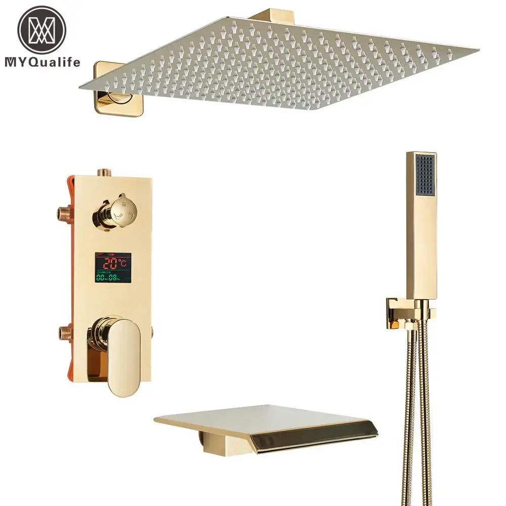 Modern gold and black shower faucet set bathroom rainfall display