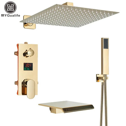 Modern gold and black shower faucet set bathroom rainfall display