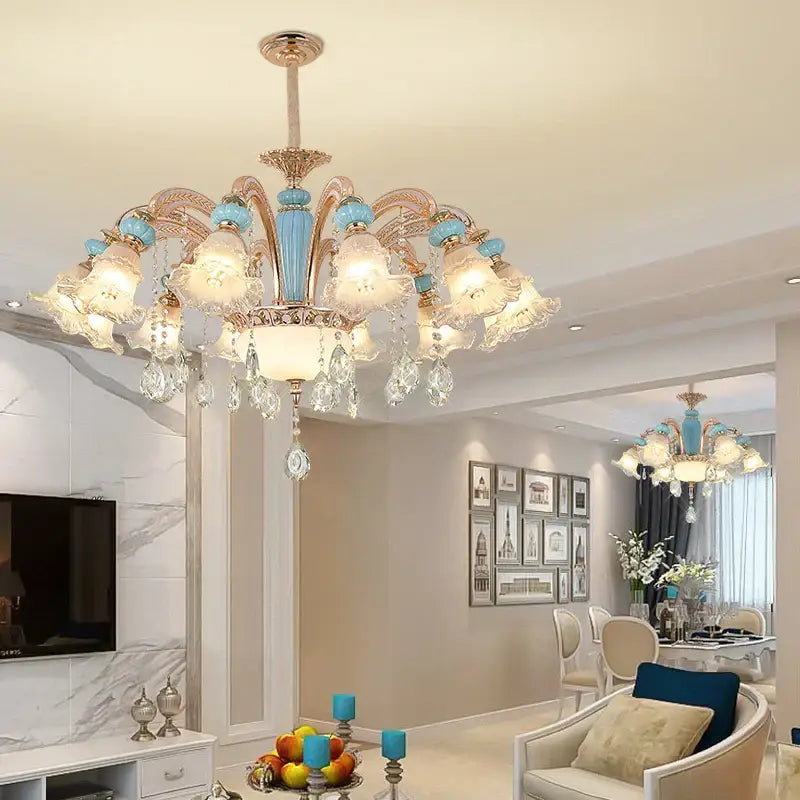 Modern gold and blue duplex ceramic crystal pendant lamp living room
