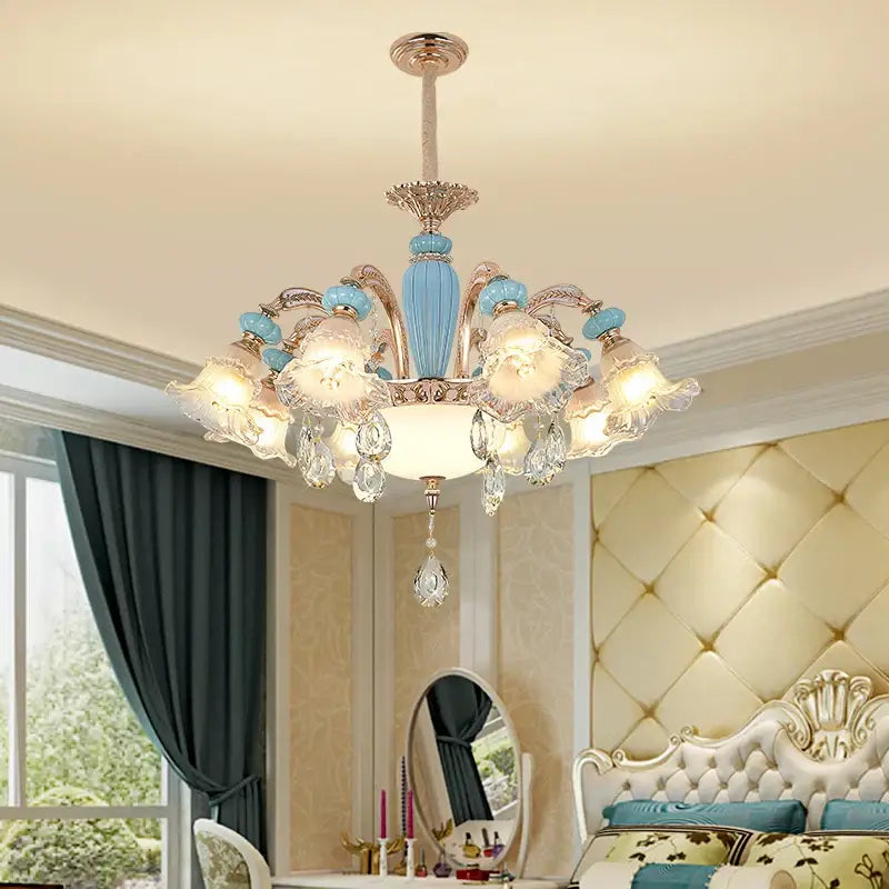 Modern gold and blue duplex ceramic crystal pendant lamp living room