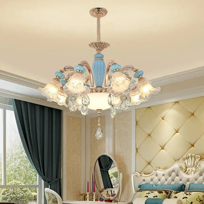 Modern gold and blue duplex ceramic crystal pendant lamp living room