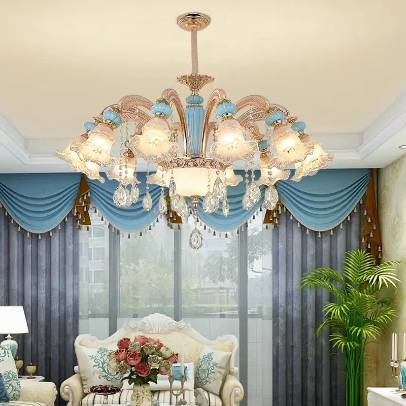 Modern gold and blue duplex ceramic crystal pendant lamp living room