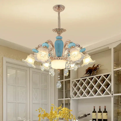 Modern gold and blue duplex ceramic crystal pendant lamp living room