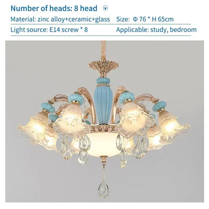 Modern gold and blue duplex ceramic crystal pendant lamp living room