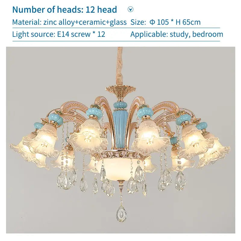Modern gold and blue duplex ceramic crystal pendant lamp living room