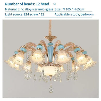 Modern gold and blue duplex ceramic crystal pendant lamp living room