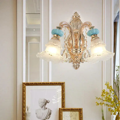 Modern gold and blue duplex ceramic crystal pendant lamp living room