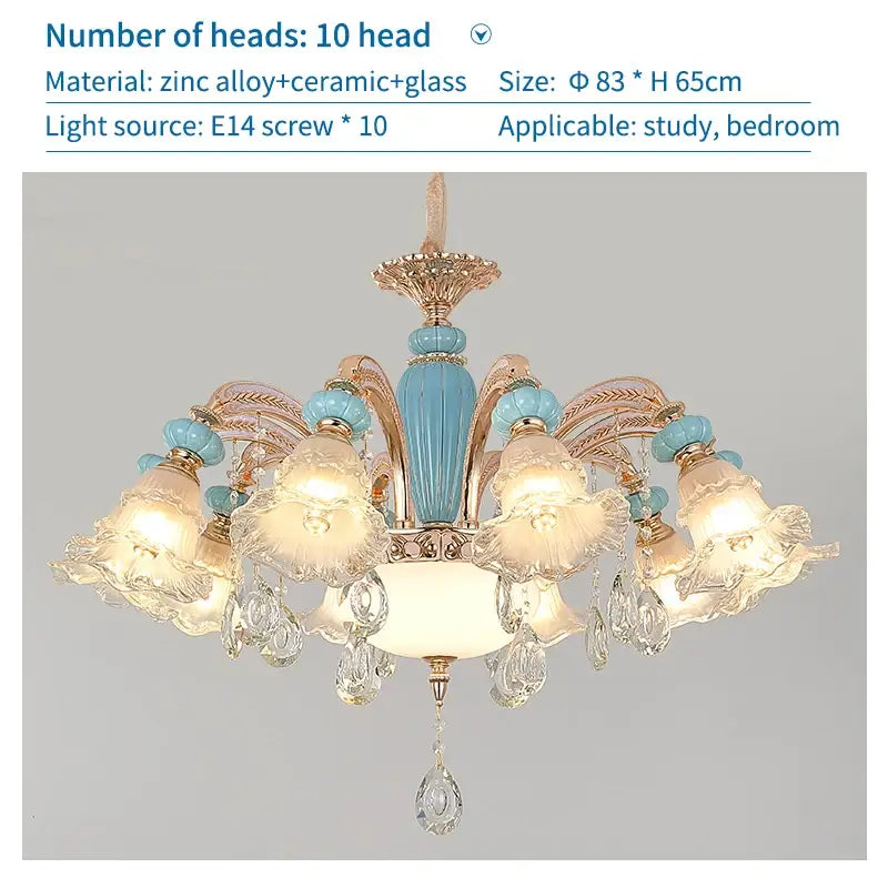 Modern gold and blue duplex ceramic crystal pendant lamp living room