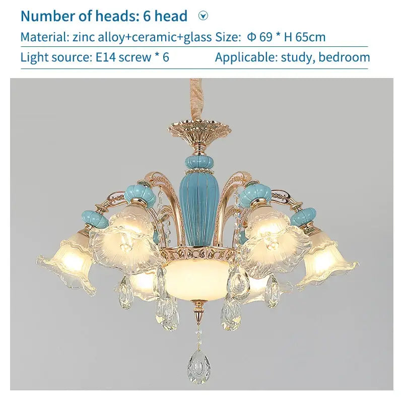 Modern gold and blue duplex ceramic crystal pendant lamp living room