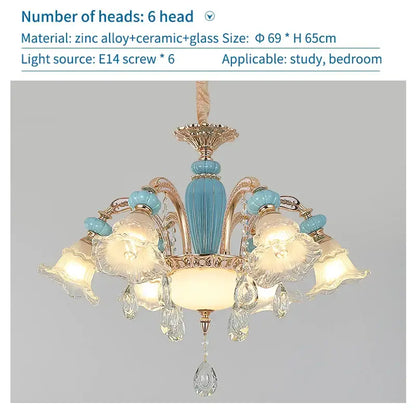 Modern gold and blue duplex ceramic crystal pendant lamp living room