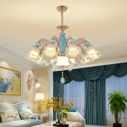 Modern gold and blue duplex ceramic crystal pendant lamp living room