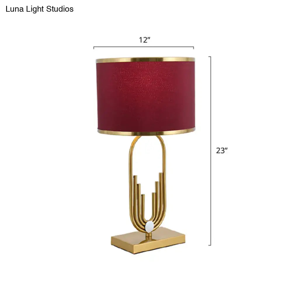 Modern gold and burgundy fabric drum nightstand lamp bedroom light