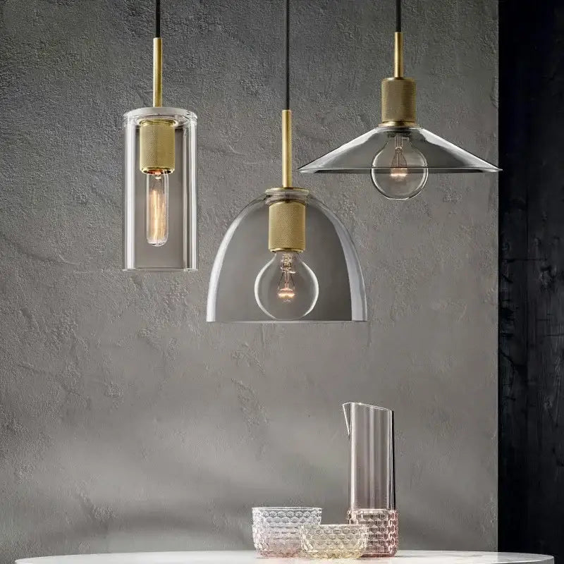 Modern gold and clear glass led pendant light trio dining room