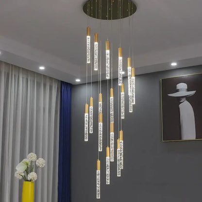 Modern gold and crystal cylindrical stair chandelier living room