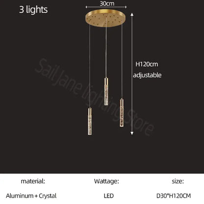 Modern gold and crystal cylindrical stair chandelier living room