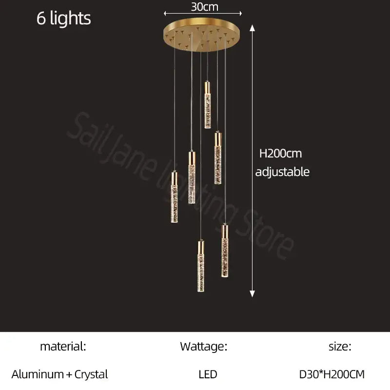 Modern gold and crystal cylindrical stair chandelier living room