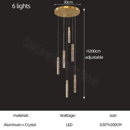 Modern gold and crystal cylindrical stair chandelier living room