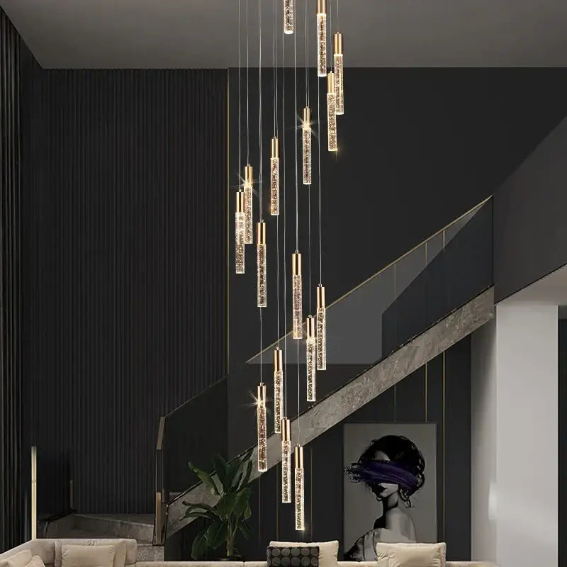 Modern gold and crystal cylindrical stair chandelier living room