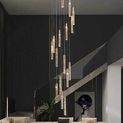 Modern gold and crystal cylindrical stair chandelier living room