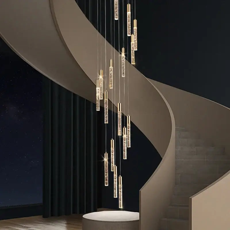 Modern gold and crystal cylindrical stair chandelier living room