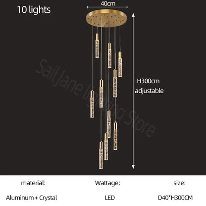 Modern gold and crystal cylindrical stair chandelier living room
